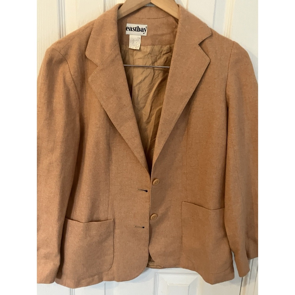 Vintage East Bay Warm Tan Two Button Blazer Closure Patch Pocket  Size 12 Women